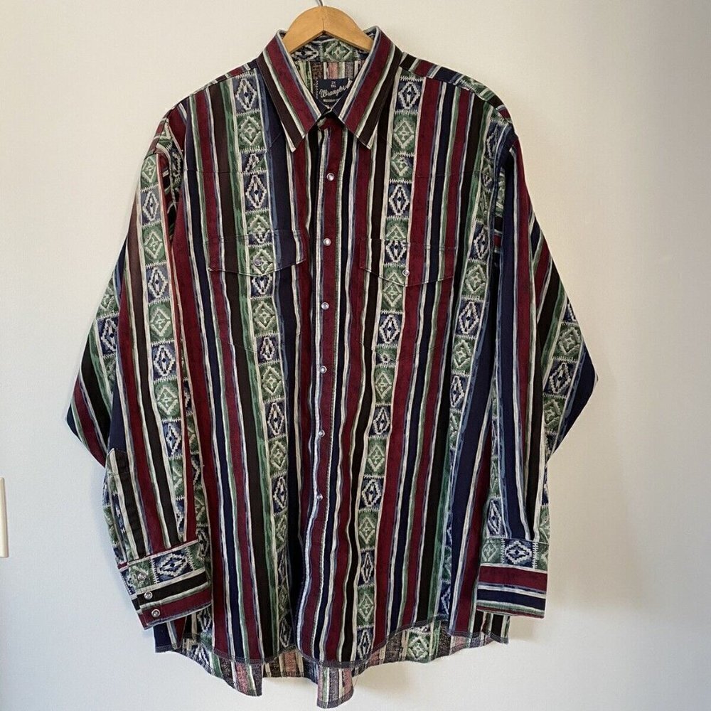 Wrangler Vintage Western Pearl Snap Shirt Big 2X Long Sleeve Southwest Aztec